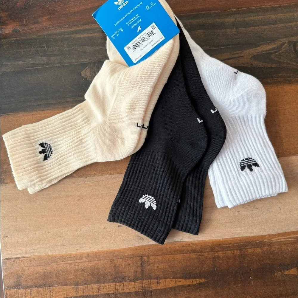 adidas L White Black Beige Men's Crew Socks 3 Pairs Reinforced Fit Originals